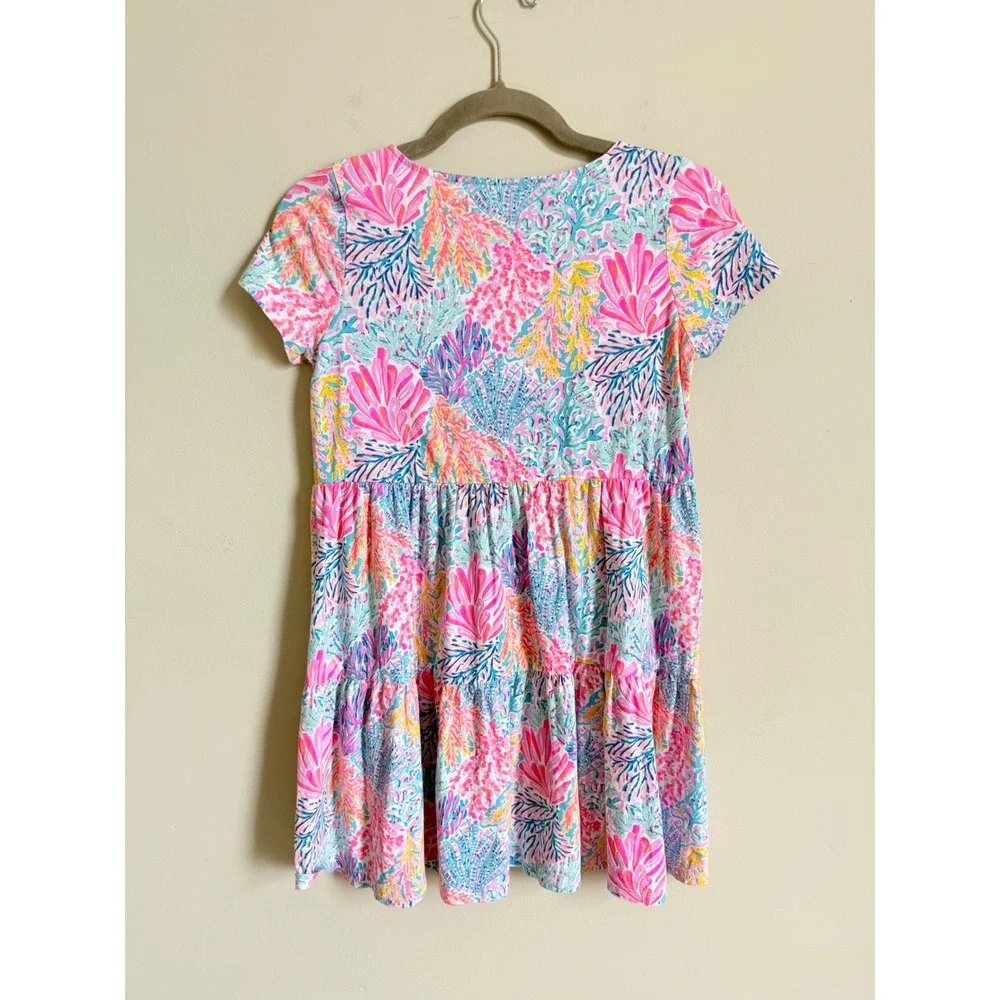 Lilly Pulitzer Girls Geanna Dress XL 12-14 Pink Blue Coral Tiered Knit Cotton